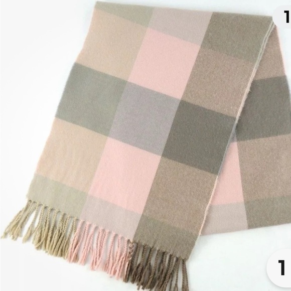 Pink and Gray Plaid Fringe Scarf Cashmere - Picture 1 of 4